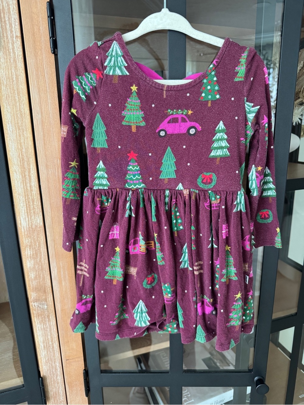 Little Sleepies twirl onesie dress christmas print trees burgundy long sleeve